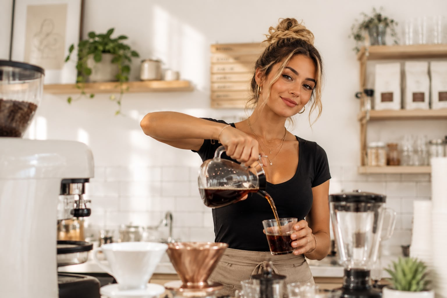 Small business owner preparing coffee